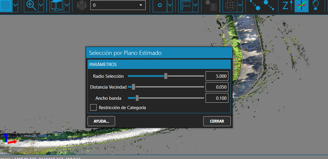 Selección por Plano Estimado sobre la nube de puntos Selección por Plano Estimado en TCP PointCloud Editor